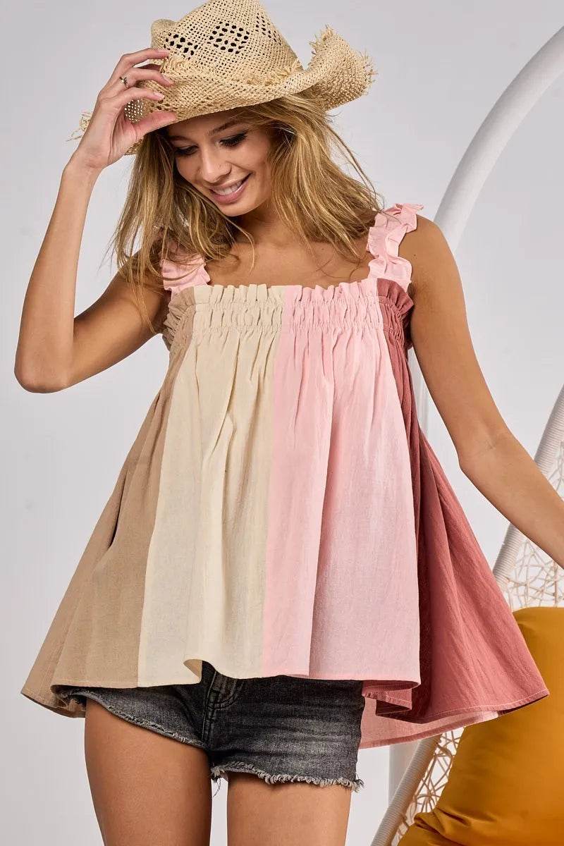 BiBi Frill Shoulder Strap Color Block Bodice Top