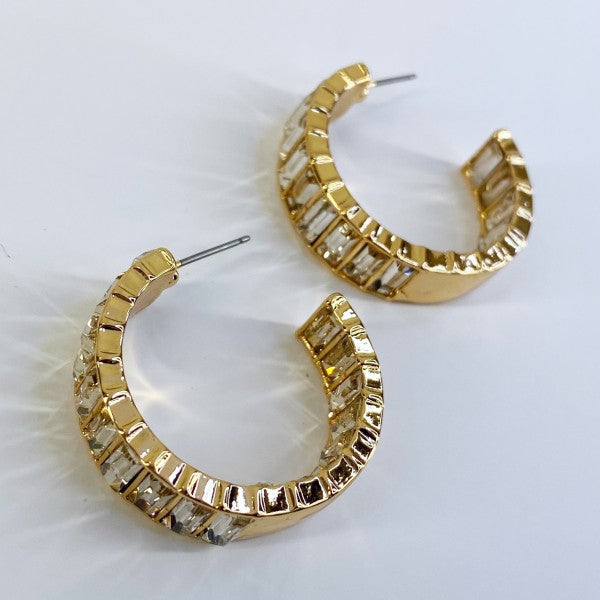In and out Baguette Stones Small Hoop Earrings