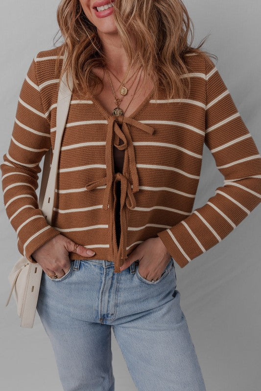 Stripe Tie-Front V-Neck Cardigan Sweater