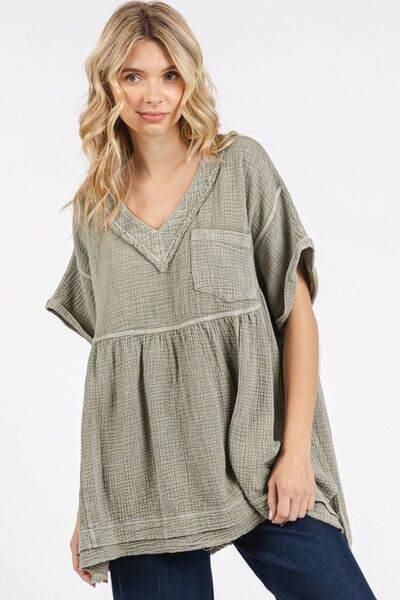 Mittoshop Mineral Wash Gauze Babydoll V-Neck Oversized Blouse
