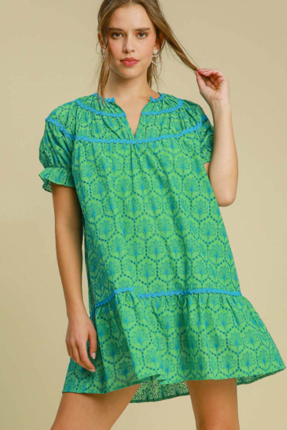 Umgee Full Size Eyelet Mini Dress With Ric Rac Trim Plus Size