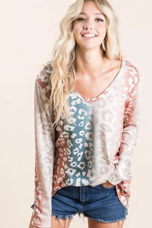 BiBi Gradation Leopard Print Textured Knit Top