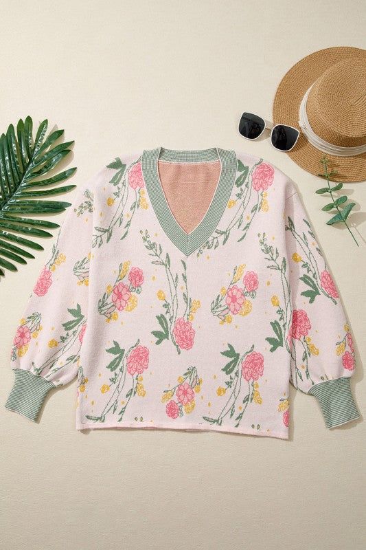 Floral Stripe Contrast V-Neck Sweater