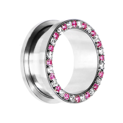 7/8 Stainless Steel Pink Clear Gem Screw Fit Tunnel