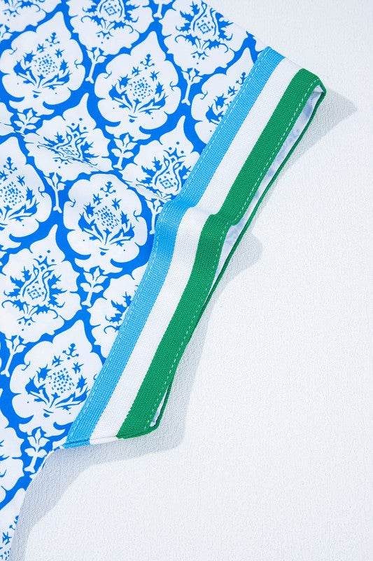 Sky Blue Colorblock Striped Collar Bohemian Print