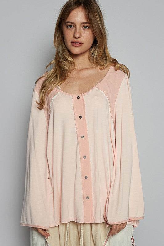 POL Contrast Button Front Long Sleeve Knit Top