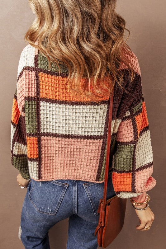 Colorblock Waffle Knit Drawstring Mock Neck Sweate
