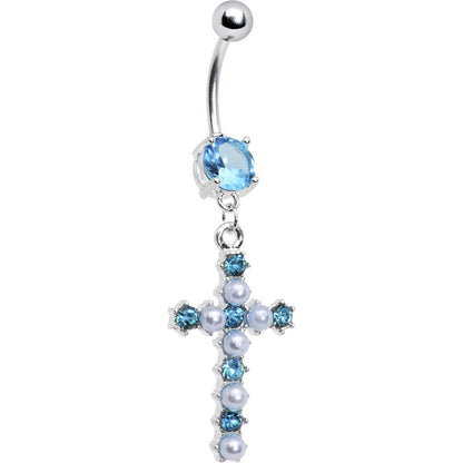 Aqua Gem Faux Pearl Cross Belly Ring