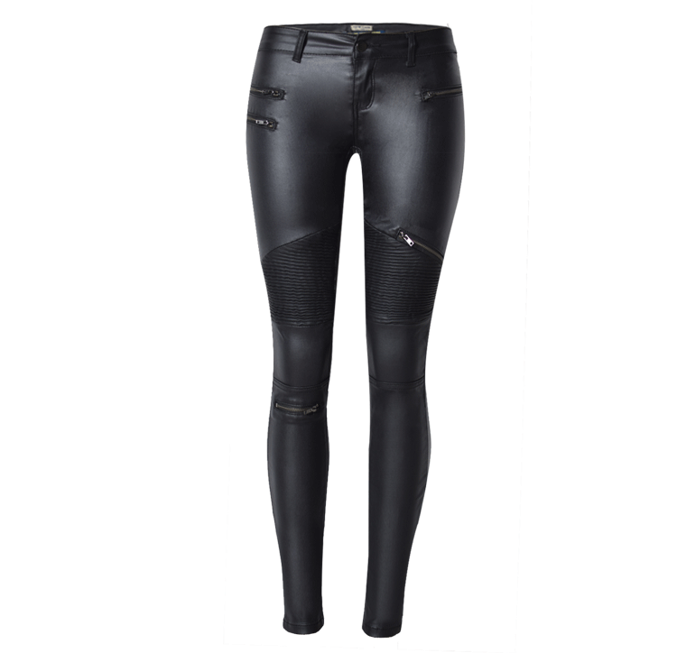 Women Faux Leather Denim Skinny Pants Stitching Multi-Zipper Motorcycle plus Size