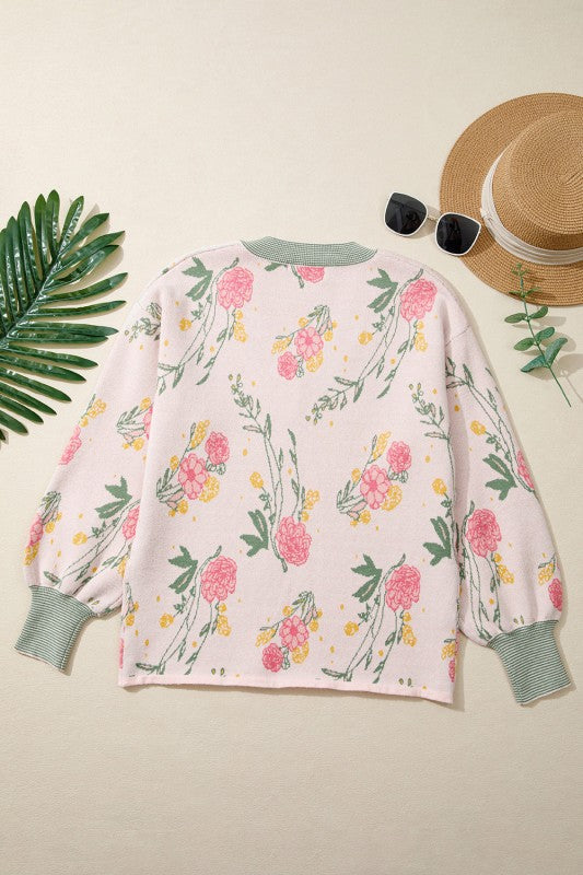 Floral Stripe Contrast V-Neck Sweater