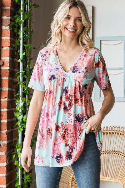 Heimish Floral V-Neck Babydoll Blouse - Full Size Short Sleeve Top