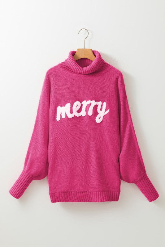 Christmas Merry Embroidered Puff Sleeve Turtleneck