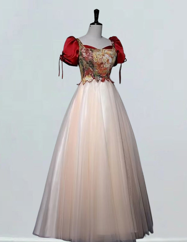 Red printed satin prom dress boat neckline long tulle ball gown plus size lace up evening dress gown