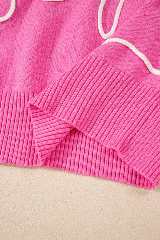 Bow Corded Floral Ribbed Trim Sweater