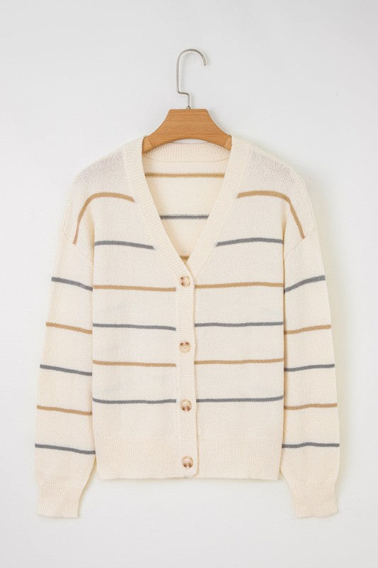 Stripe Buttoned V-Neck Cardigan Sweater
