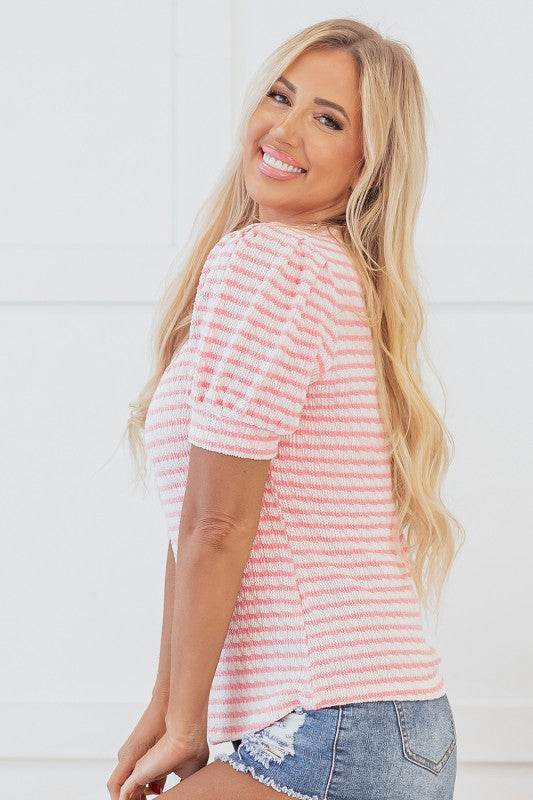 Dylan Stripe Textured Puff Sleeve Top
