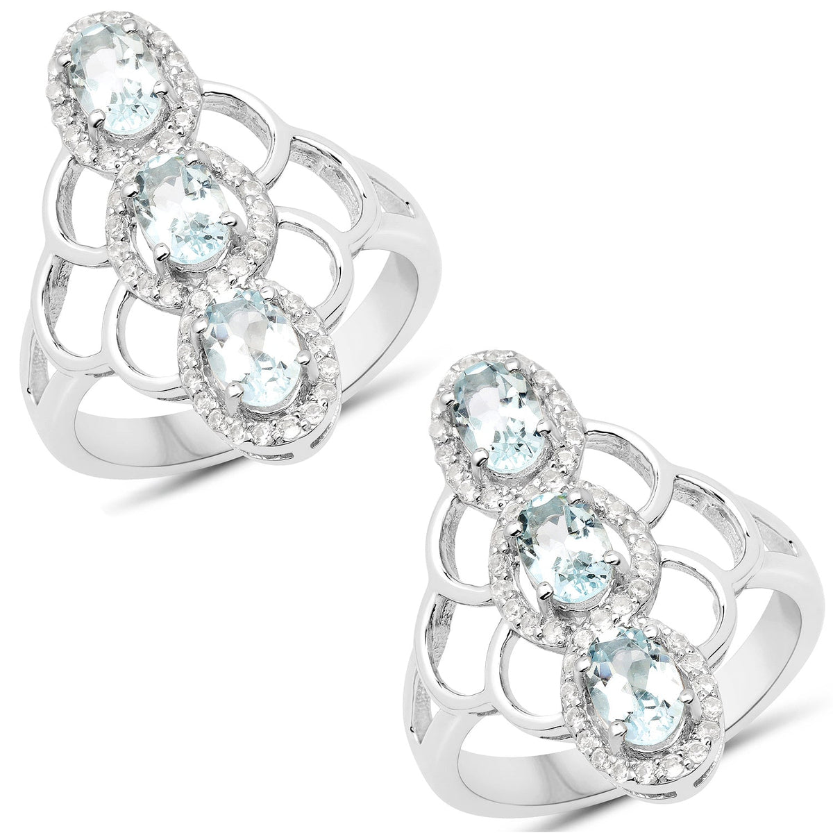 1.54 Carat Genuine Aquamarine and White Zircon .925 Sterling Silver Ring