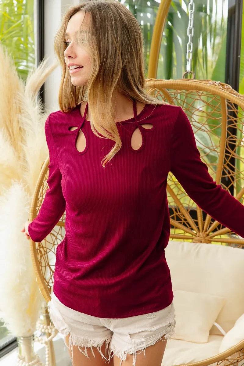 BiBi Rib Knit With Cut Out and Tied Neck Detailed Top