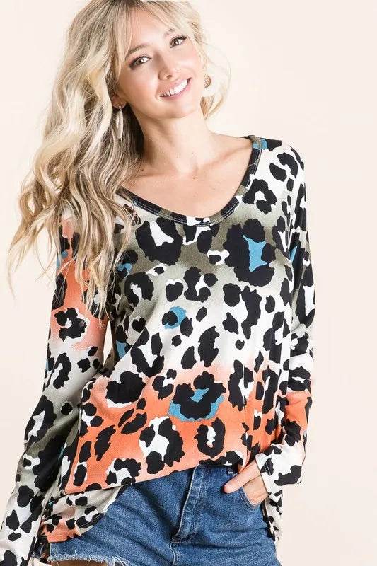 BiBi Gradation Leopard Print Soft Knit Deep U Neck Top