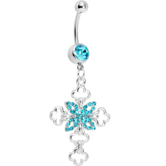 Embellished Blue Gem Cross Belly Ring