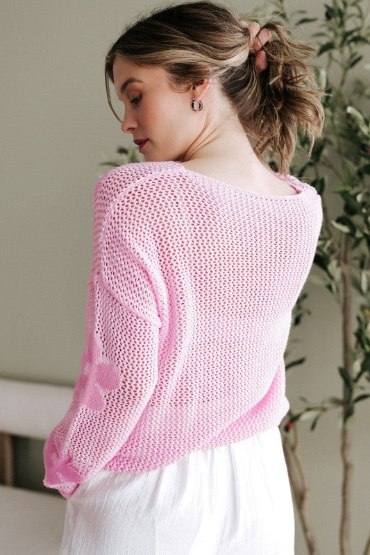 Dulce Big Flower Hollowed Knit Drop Shoulder Sweat