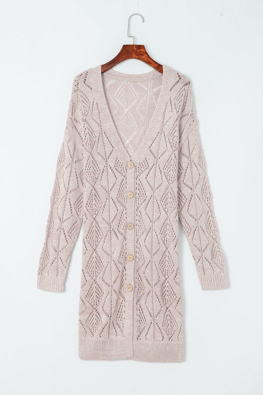 Solid Openwork Knit Button-Up Cardigan