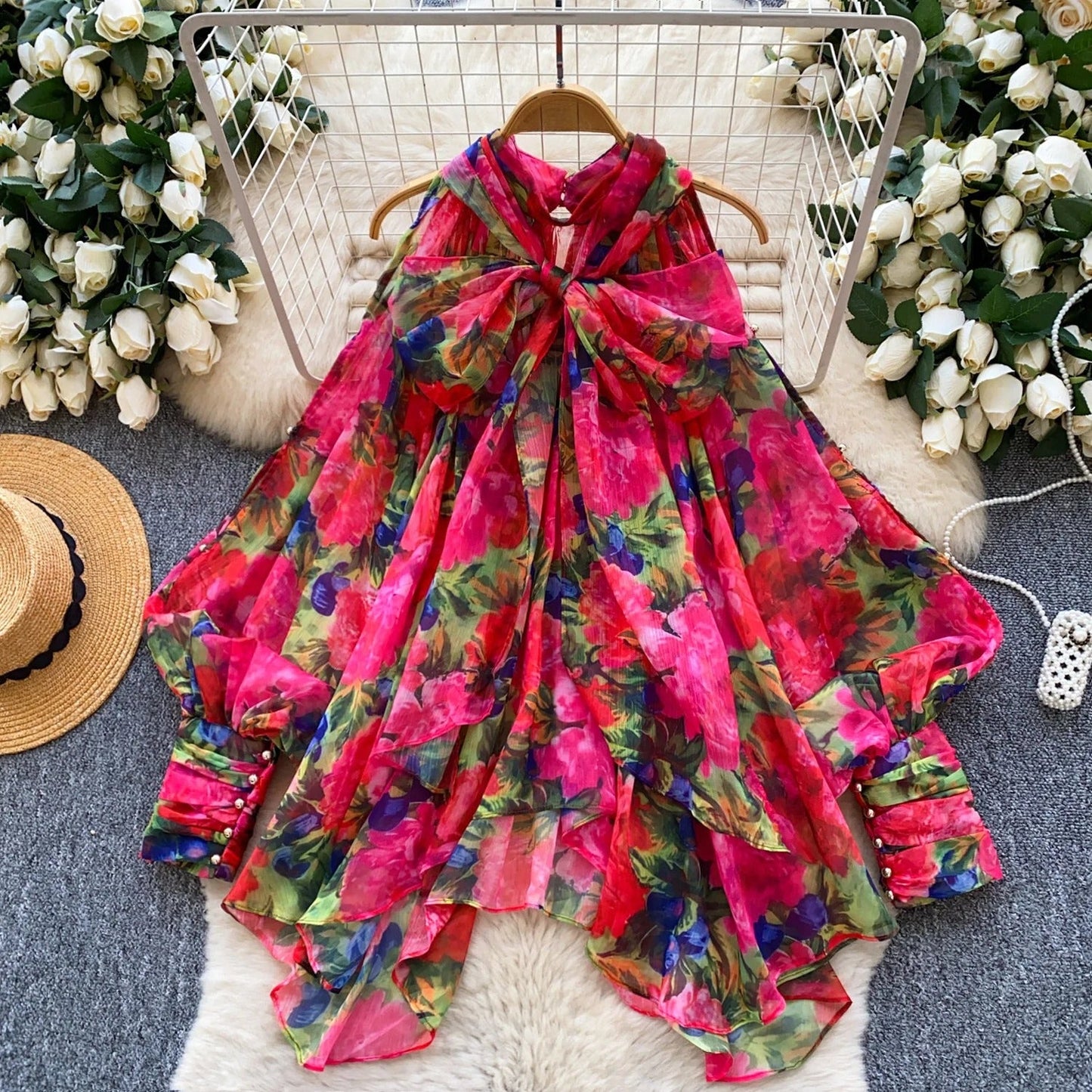 Bow Detail Floral Print Blouse – Women’s Unique Loose-Fit Tunic, Slimming Statement Top