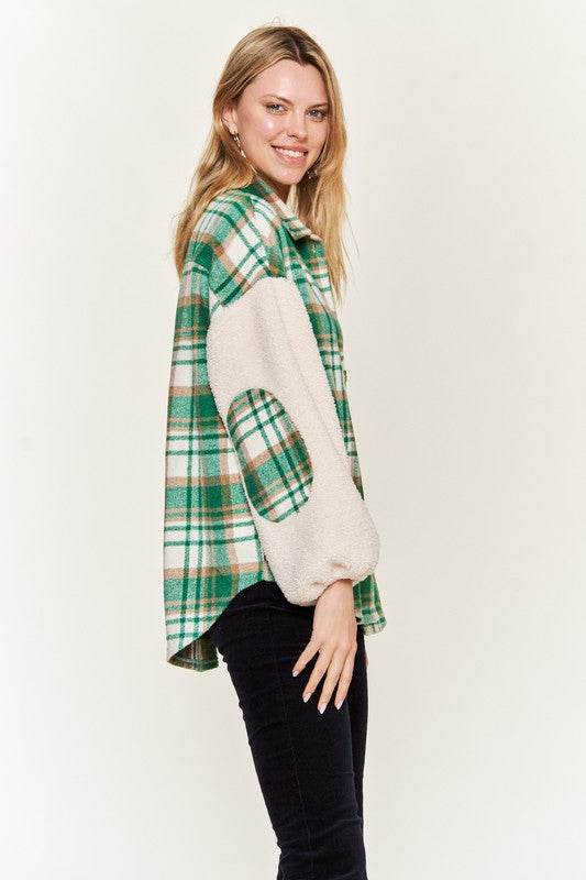 Multi plaid fuzzy sleeve jacket JJO1023