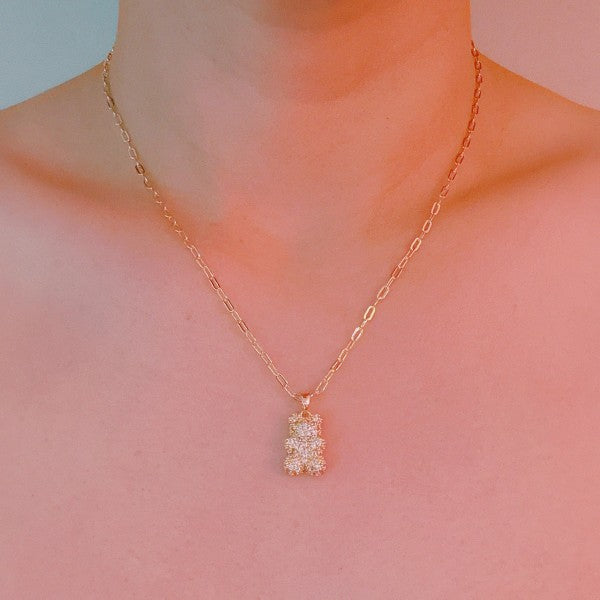 Bling Bear Pendant Necklace - Paved Teddy Bear Pen