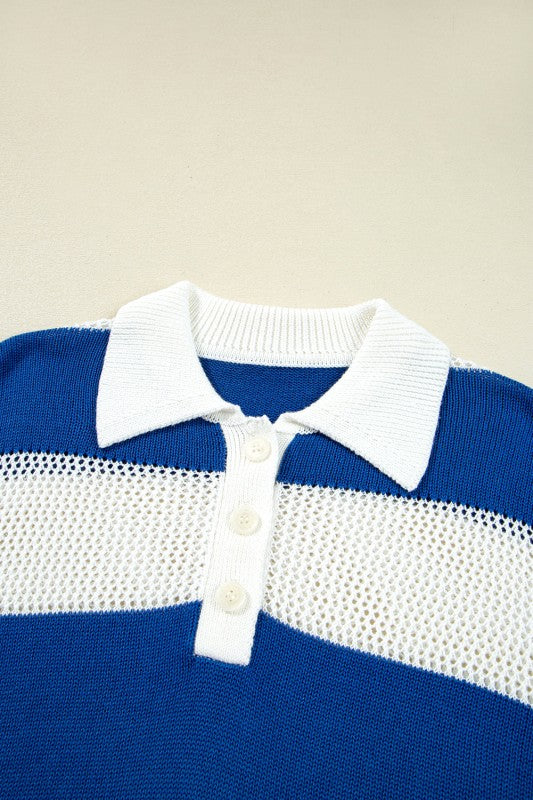 Genevieve Stripe Collar Eyelet Crochet Knitted Swe