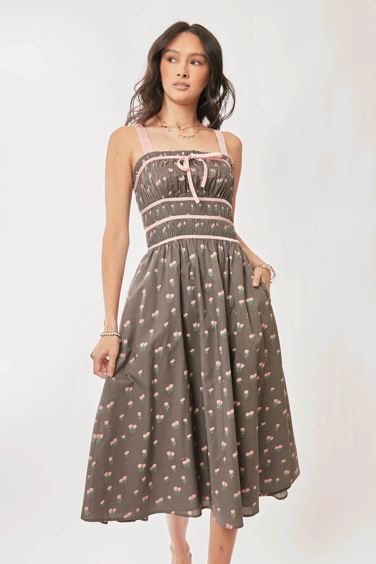 Davi & Dani Contrast Velvet Tape Smocking Bodice Midi Dress
