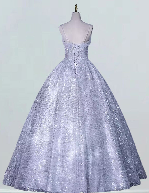Women's Elegant Grey Sequin Prom Dress | Spaghetti Strap Evening Gown