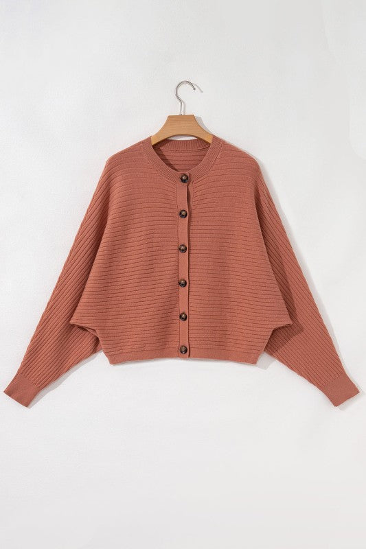 Ribbed Knit Button Front Dolman Sleeve Sweater Car