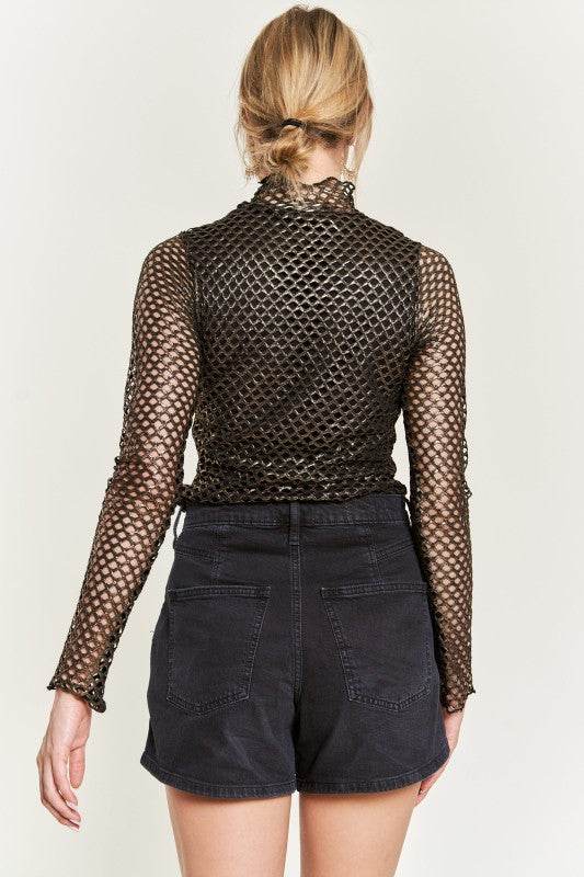 Mock neck Metallic long sleeve Top