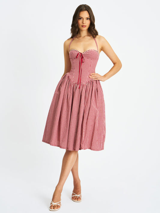 Susanna Red Gingham Halter Drop Waist Midi Dress