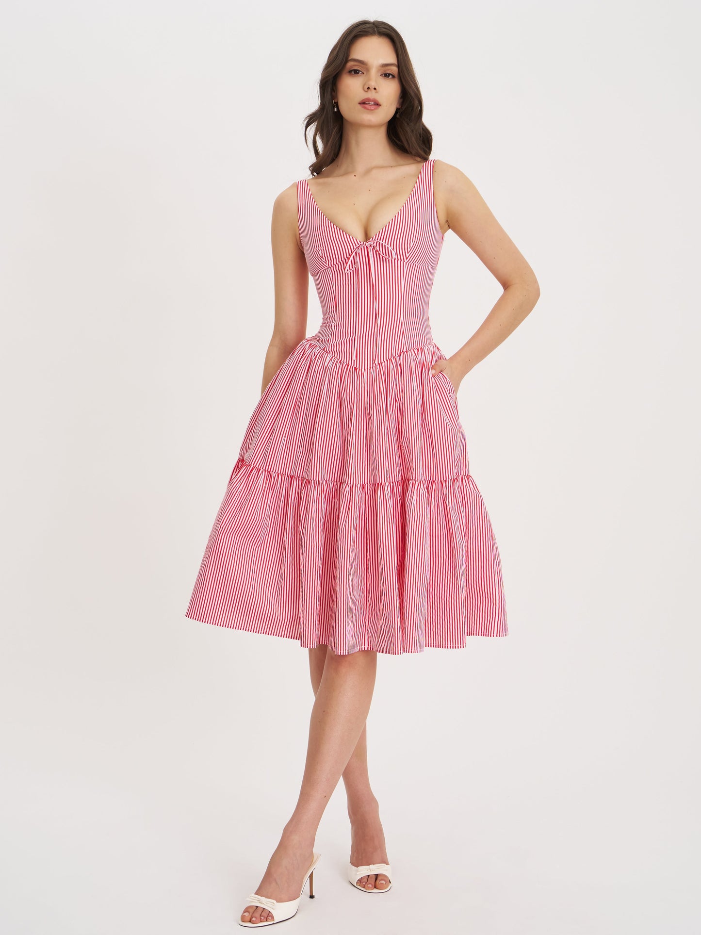 Oceana Red Candy Stripe Drop Waist Midi Dress