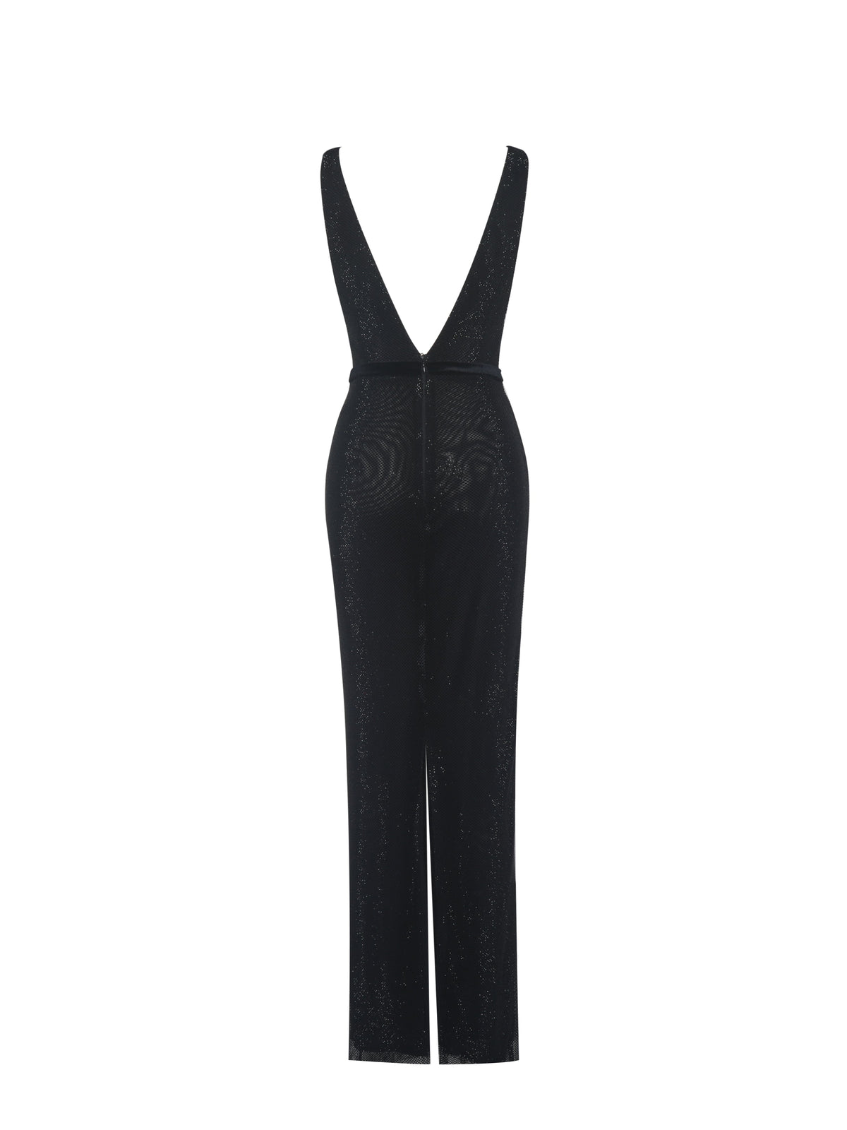 Olympia Black Belted Bow Plunging Rhinestone Maxi Dress