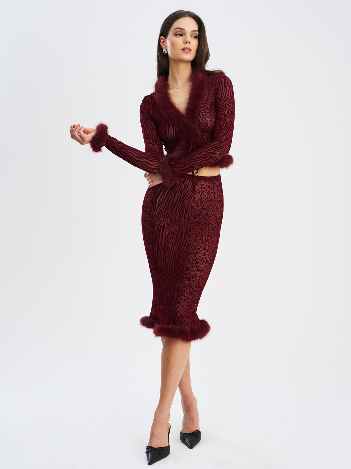 Hali Burgundy Animal Print Burnout Velvet Fur Trim Top