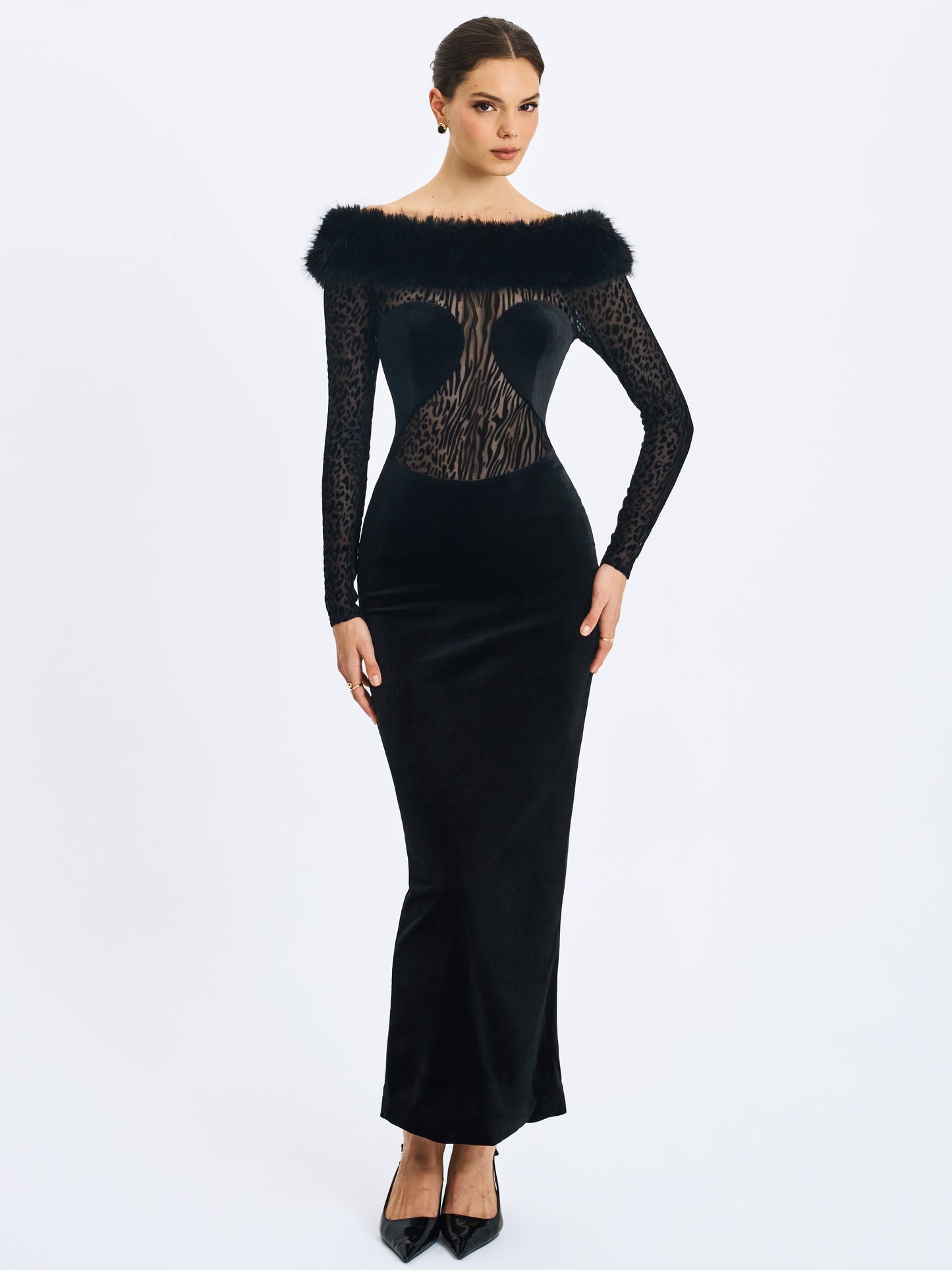 Alexis Black Velvet Animal Print Fur Boatneck Maxi Dress