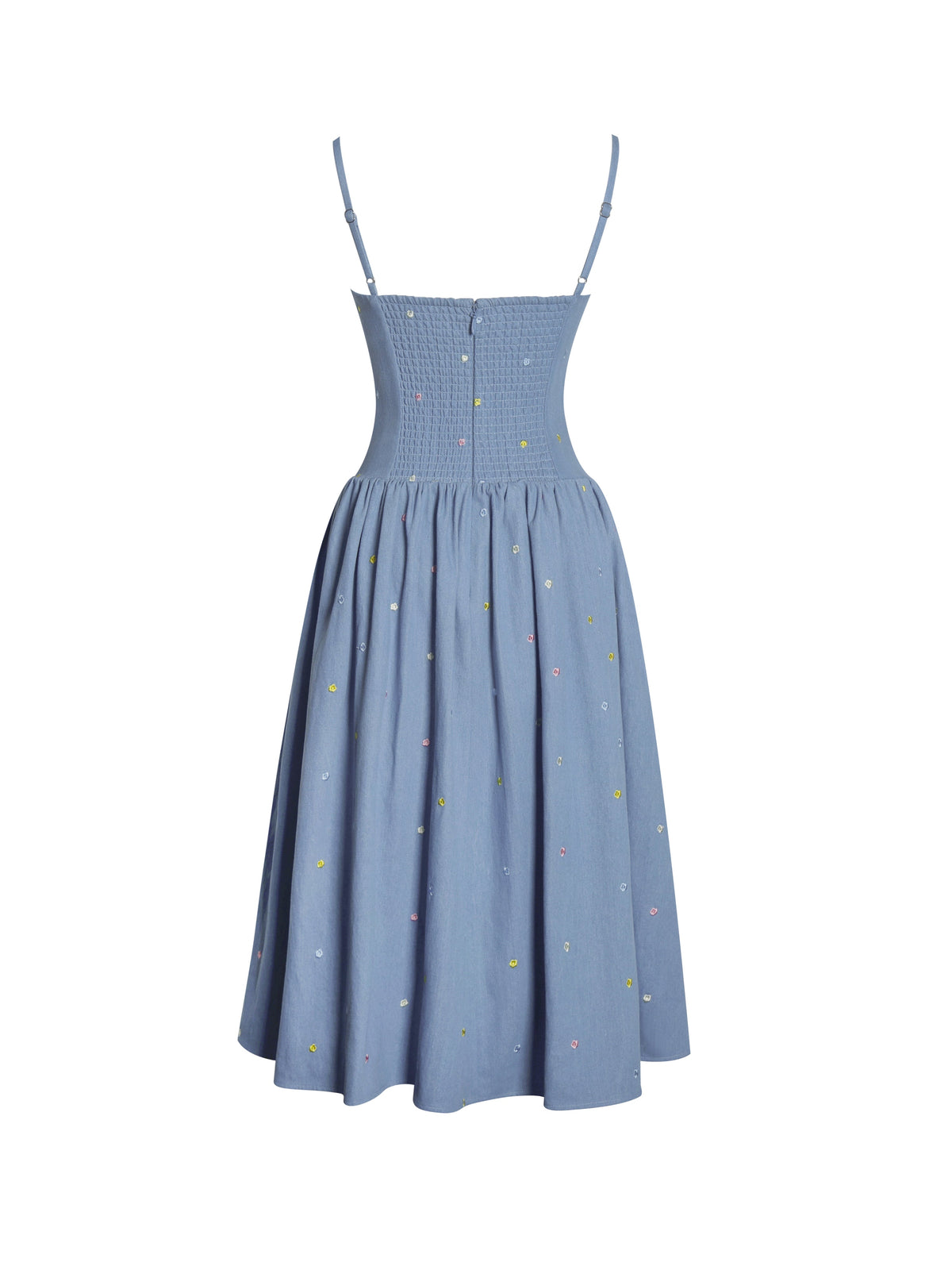 Zadie Cotton Denim Drop Waist Embroidery Flower Midi Dress