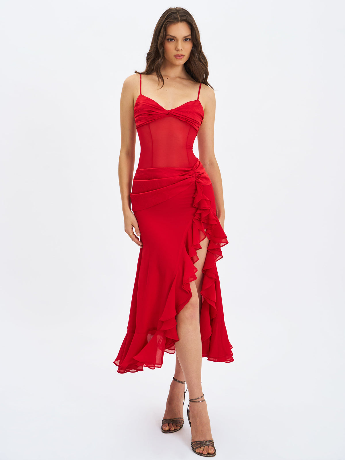 Dahlina Red Ruched Waist High Slit Midi Dress