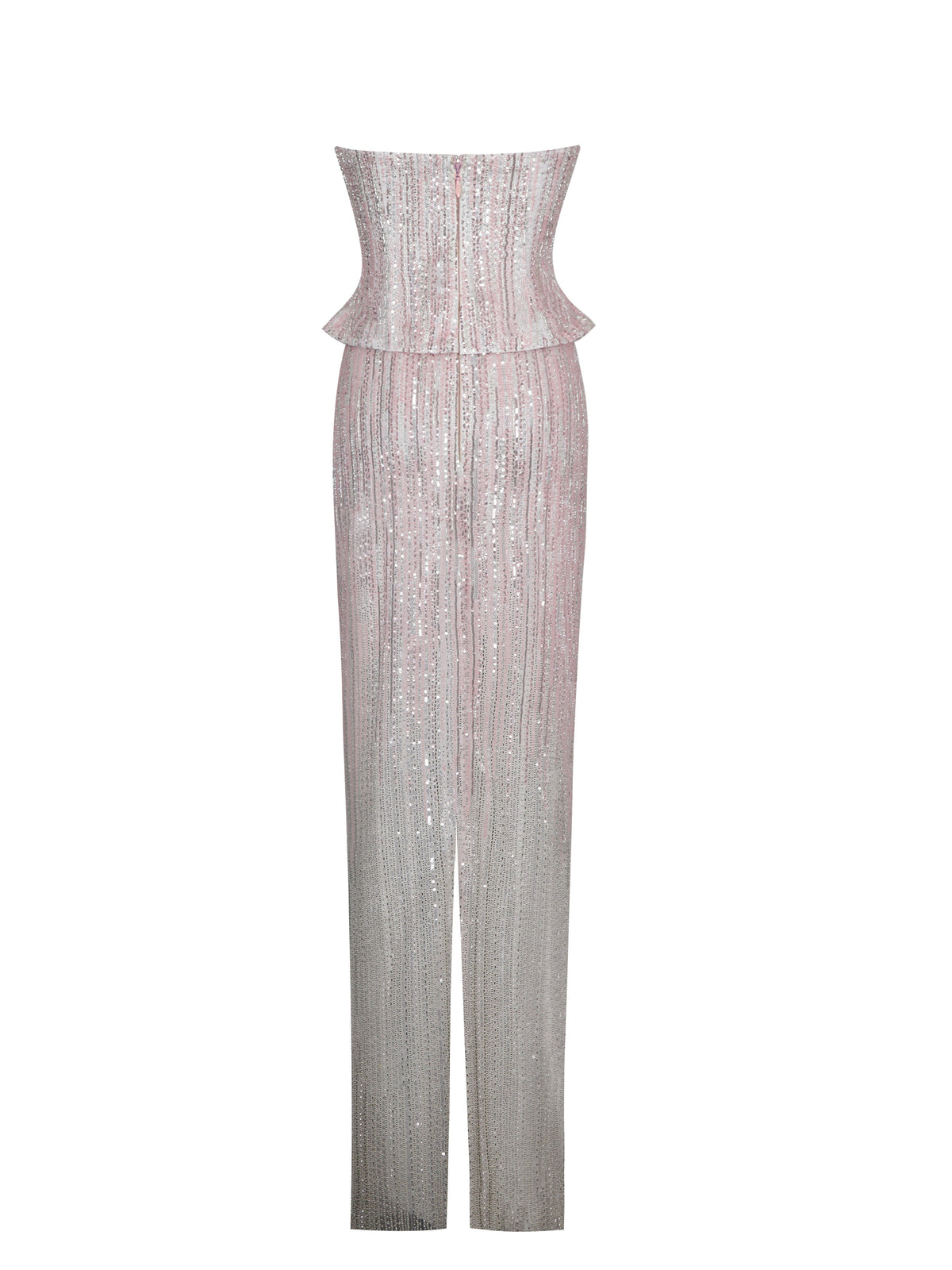 Tosca Beaded Blush Gradient Strapless Peplum Maxi Dress