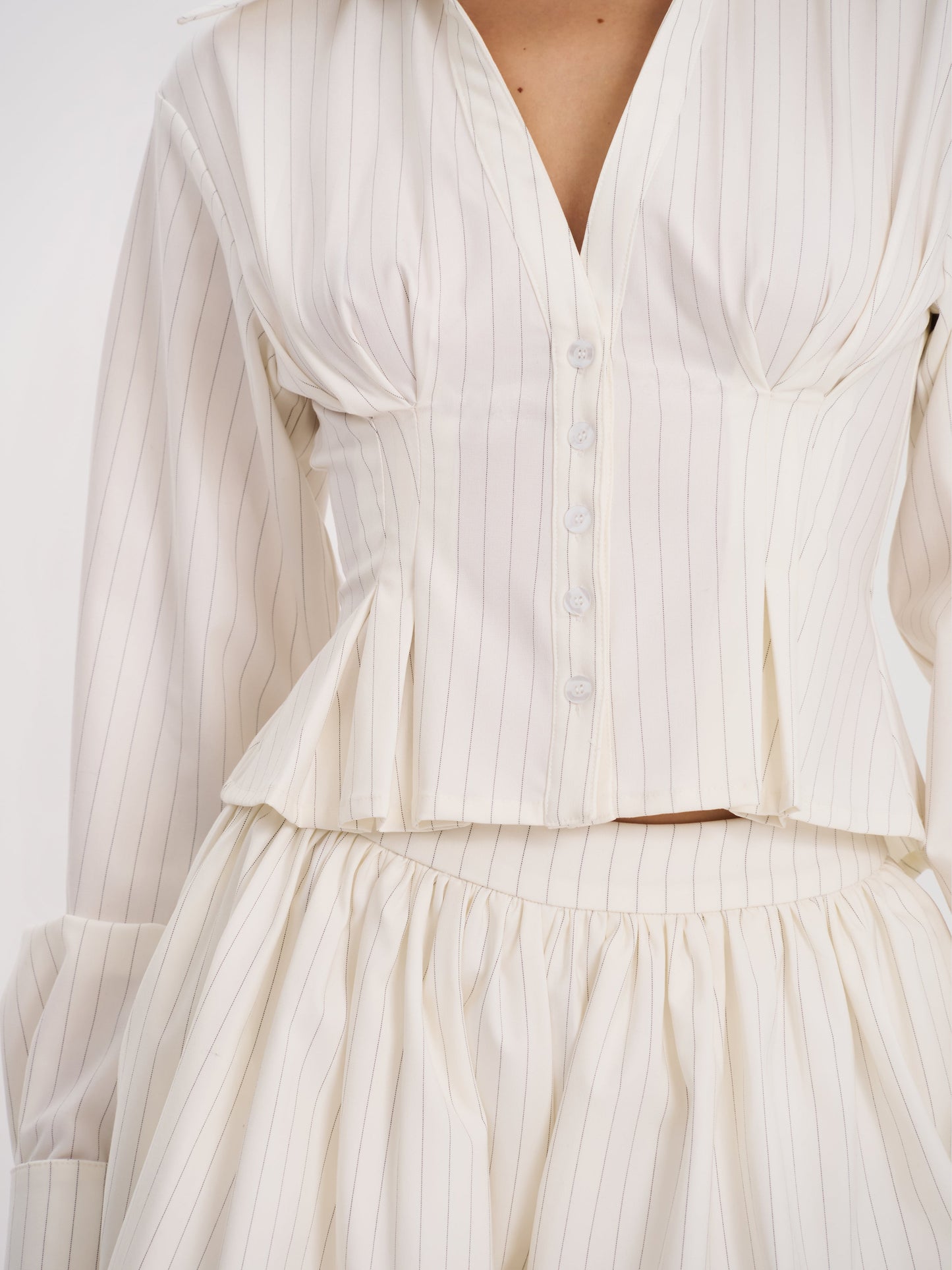 Sylvia White Pinstripe Deep V Pleated Shirt