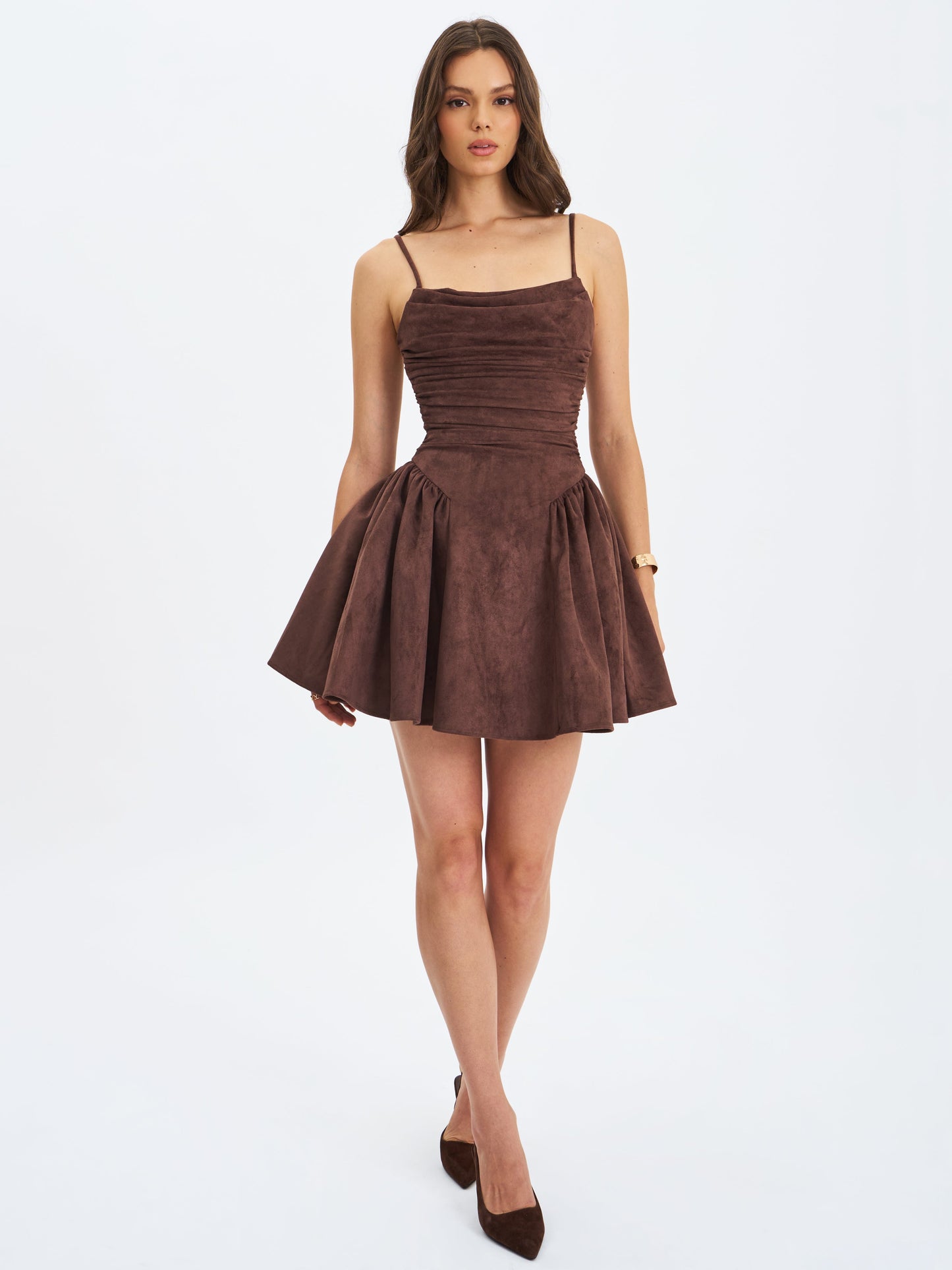 Raisa Mahogany Vegan Suede Ruched Mini Dress