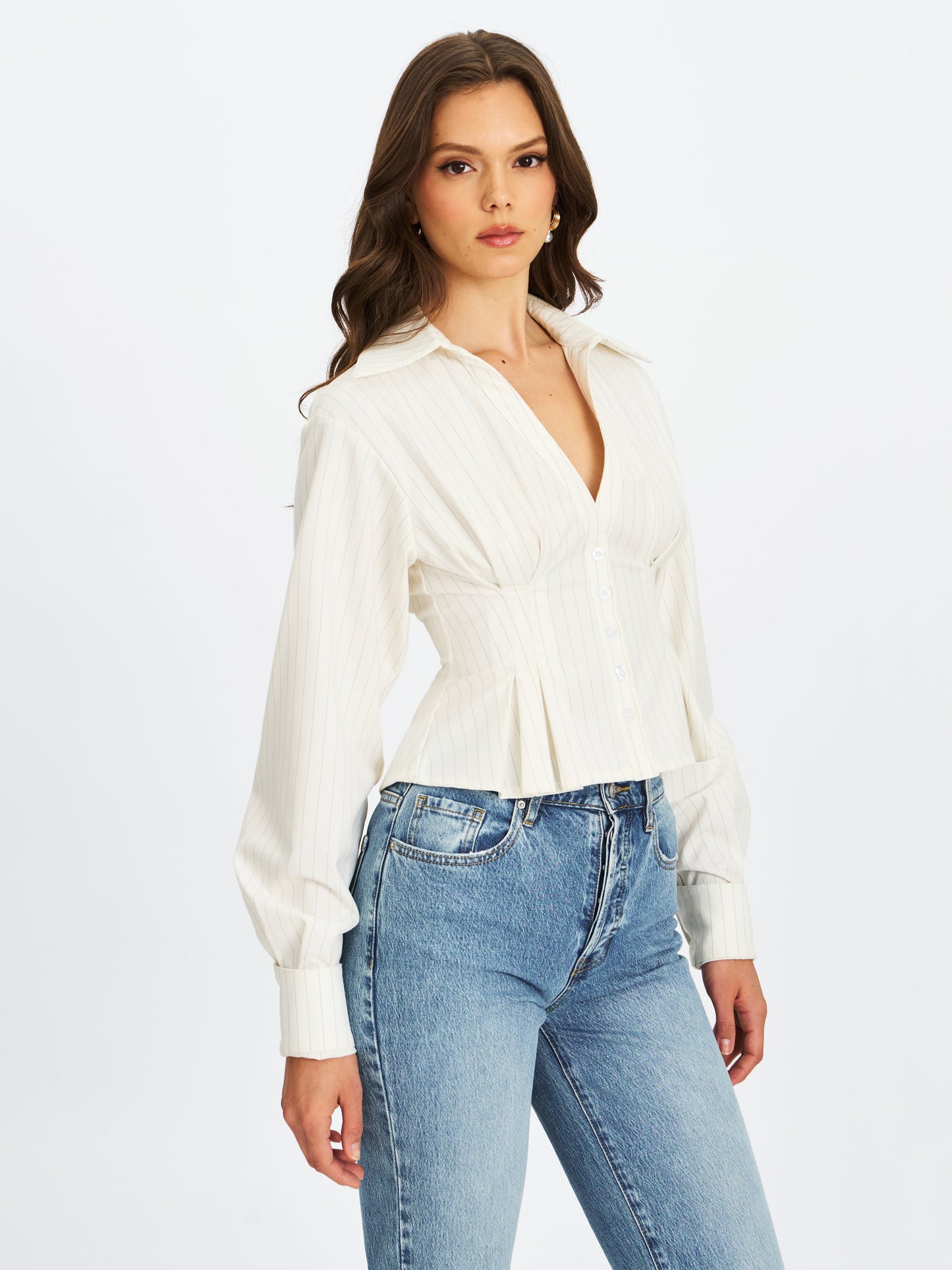 Sylvia White Pinstripe Deep V Pleated Shirt