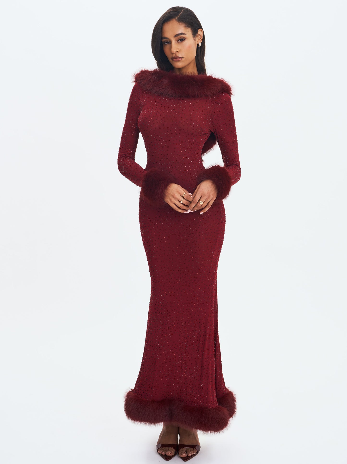 Melrose Burgundy Petite-Length Rhinestone Mesh Low Back Mermaid Gown