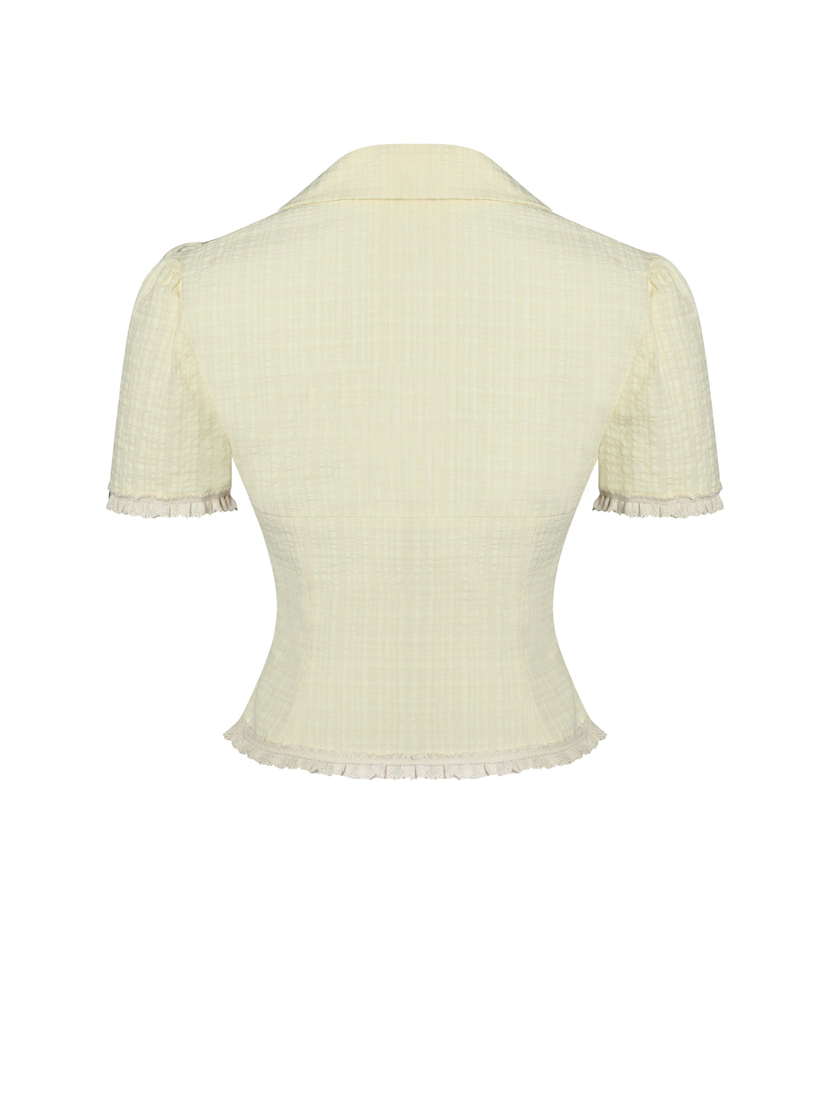 Odelia Yellow Lace Trim Seersucker Button Up Top