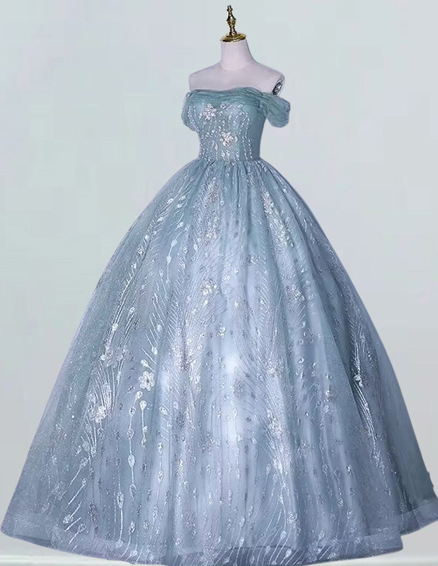 Women's Silver Lace Off-Shoulder Tulle Ball Gown | Elegant Evening & Prom Dress