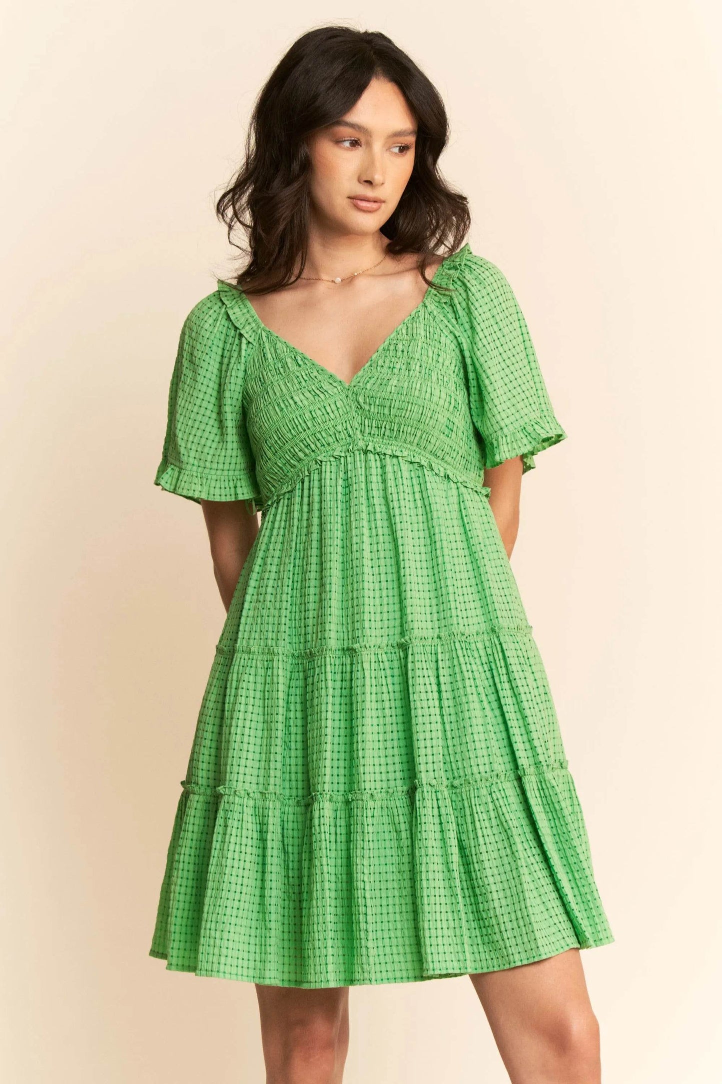 Davi & Dani Jacquard Checker Smocking Tiered Dress