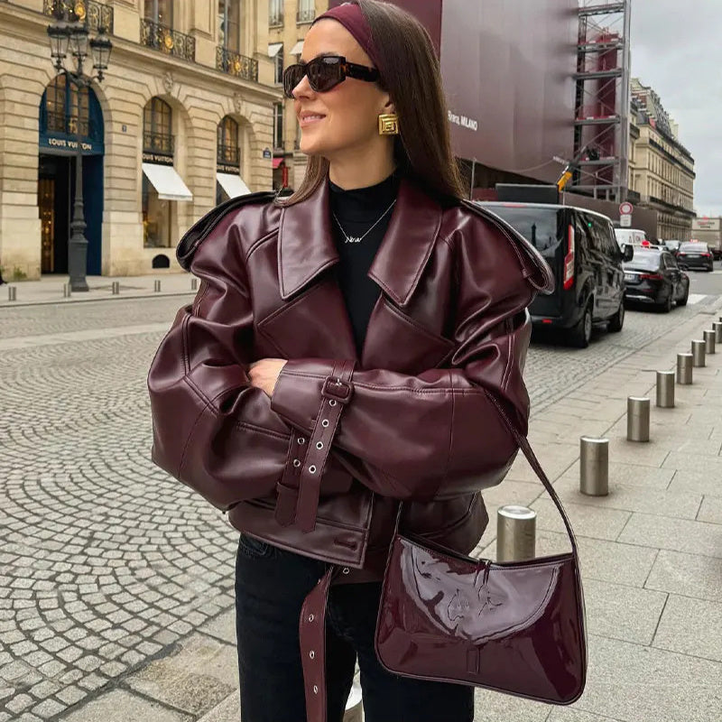 Loose Lapel Leather Jacket Fashion Cropped Tops Streetwear